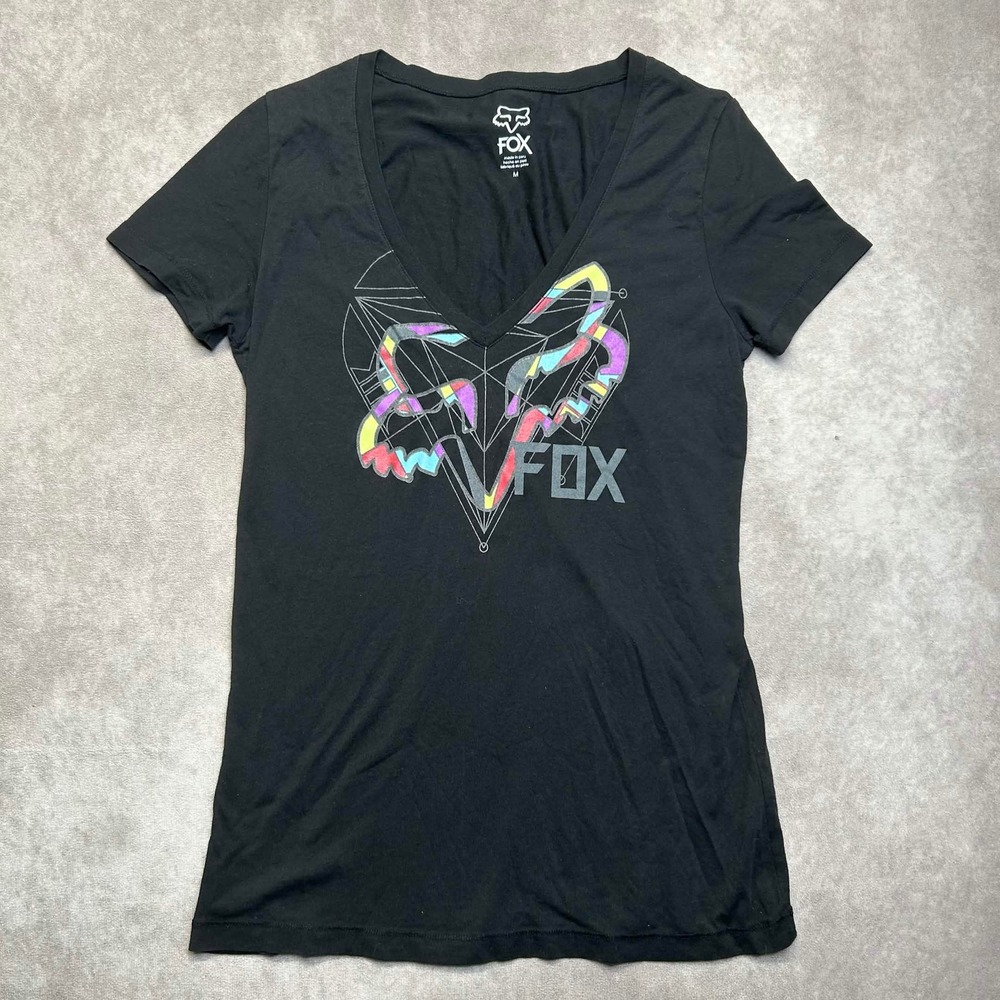 Fox Racing Womens Sz M Black V-Neck Graphic T-Shirt Logo Print y2k